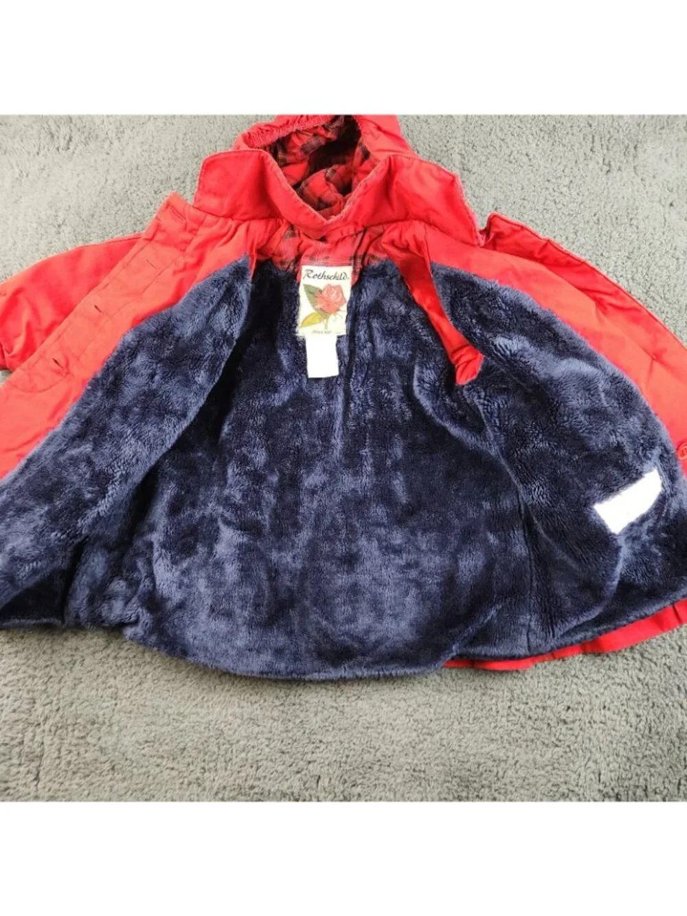 VTG Rothschild Pea Coat Girls‎ 3T Red Blue Fur Lined Bow Pleated Hooded Holiday